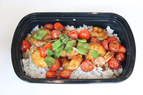 Sauteed Shrimp with Vegetables and Soy Garlic Sauce on a bed of Basmati Rice - FIT BY ELIA