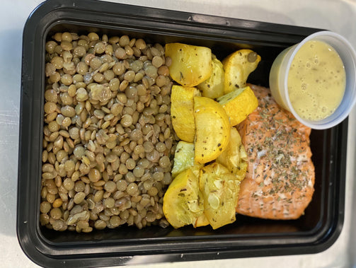 Oven-Baked Salmon with Lentils and Yellow Squash - Fit by Elia Fresh & Healthy Meal Plan Delivery