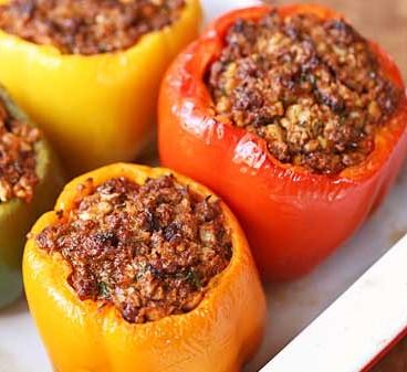 Stuffed Peppers with Ground Turkey, Celery, White Onion, Raisins with Tricolor Organic Quinoa - FIT BY ELIA
